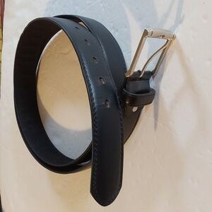 MENS Black Premium leather Neutral Minimalist Belt Silver tone Buckle Sz.2X